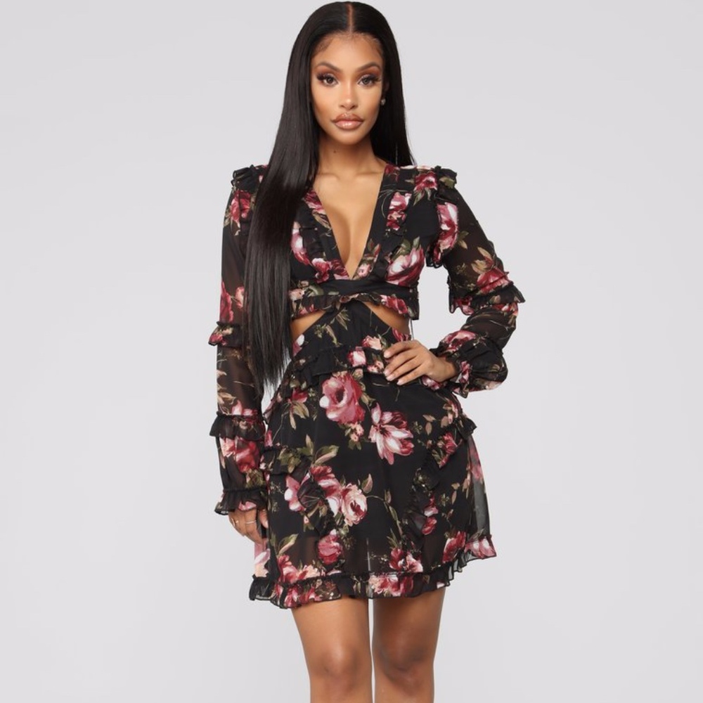 Black Floral mini dress with cut outs